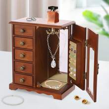 Dark Wood Color Vintage Jewelry Storage Box, Glass Top Multi-Drawer Retro Vanity Organizer, Soft Lint Lined Desktop Jewelry Case For Necklace Earring Ring Watch, Exquisite Mother's Day Gift For Women - Dark Wood Color - View 8