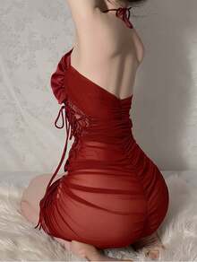 Lace See-Through Seductive Lace-Up Drawstring Camisole Nightdress - 棗紅 - 查看 3