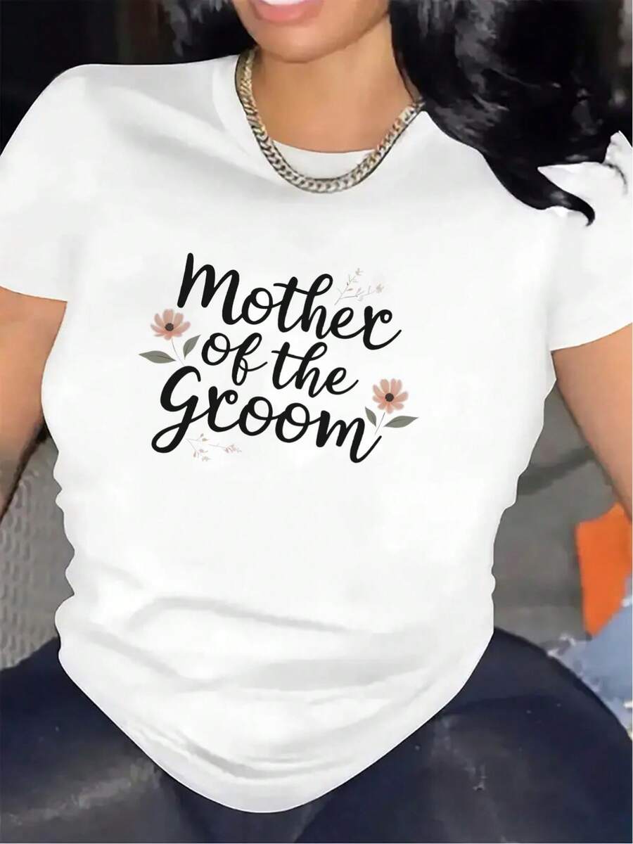 Short-Sleeved T-Shirt For The Mother Of The Groom | Ideal For Wedding Receptions, Lightweight And Durable Fabric, Comfortable Fit Suitable For Indoor And Outdoor Events, Elegant Floral Design On Soft Fabric, Round Neck, Medium Stretch Fabric. - 白色 - 查看 1