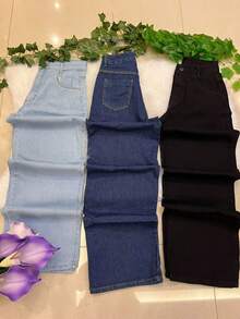 H MODA 2-PIECE KIT Of Women's Wide Leg Jeans, 100% Cotton, AMONG 3 COLORS, RANDOM 2 PIECES - 淺藍色 - 查看 2