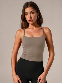 TimeOff 1pc Women Solid Color Spaghetti Strap Backless Camisole With Chest Pads Sports - Coffee Brown - View 9