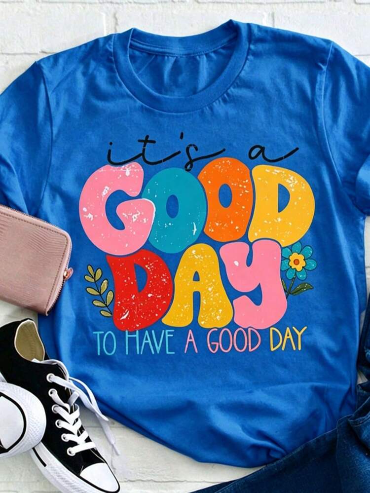 Women's Positive Motivational Slogan T-Shirt | Printed Text "Live Every Beautiful Day To The Fullest", Decorated With Colorful Fonts And Floral Patterns, Navy Blue Loose Fit, Soft And Versatile Daily Short Sleeve, Machine Washable, Suitable For Spring, Summer And Autumn,  Casual Top For Festivals And Parties - 藍色 - 查看 11