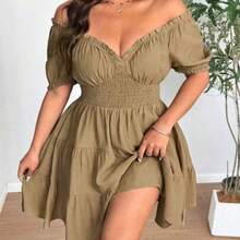 Vionelle Plus Size V-Neck Chiffon Puff Sleeve Ruched Dress - Caqui - Ver 1