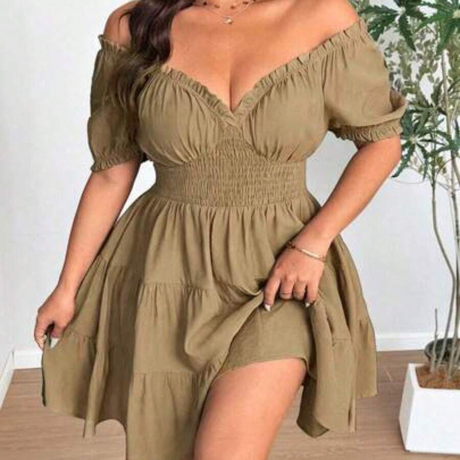Vionelle Plus Size V-Neck Chiffon Puff Sleeve Ruched Dress - Caqui - Ver 1