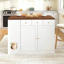 Kitchen Island, Serving Cart And Sideboard With Drawers – With Sliding Worktop, Spice Rack, Space For Feeding Pets (Without Cat Bowl), White And Walnut Finish, 120 * (40 + 30) * 90 Cm - White - View 7