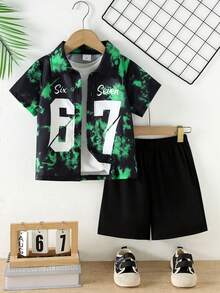 2pcs/Set Boys' Tie-Dye & Graphic Print Short Sleeve Shirt + Solid Color Shorts, Summer - Black - View 1
