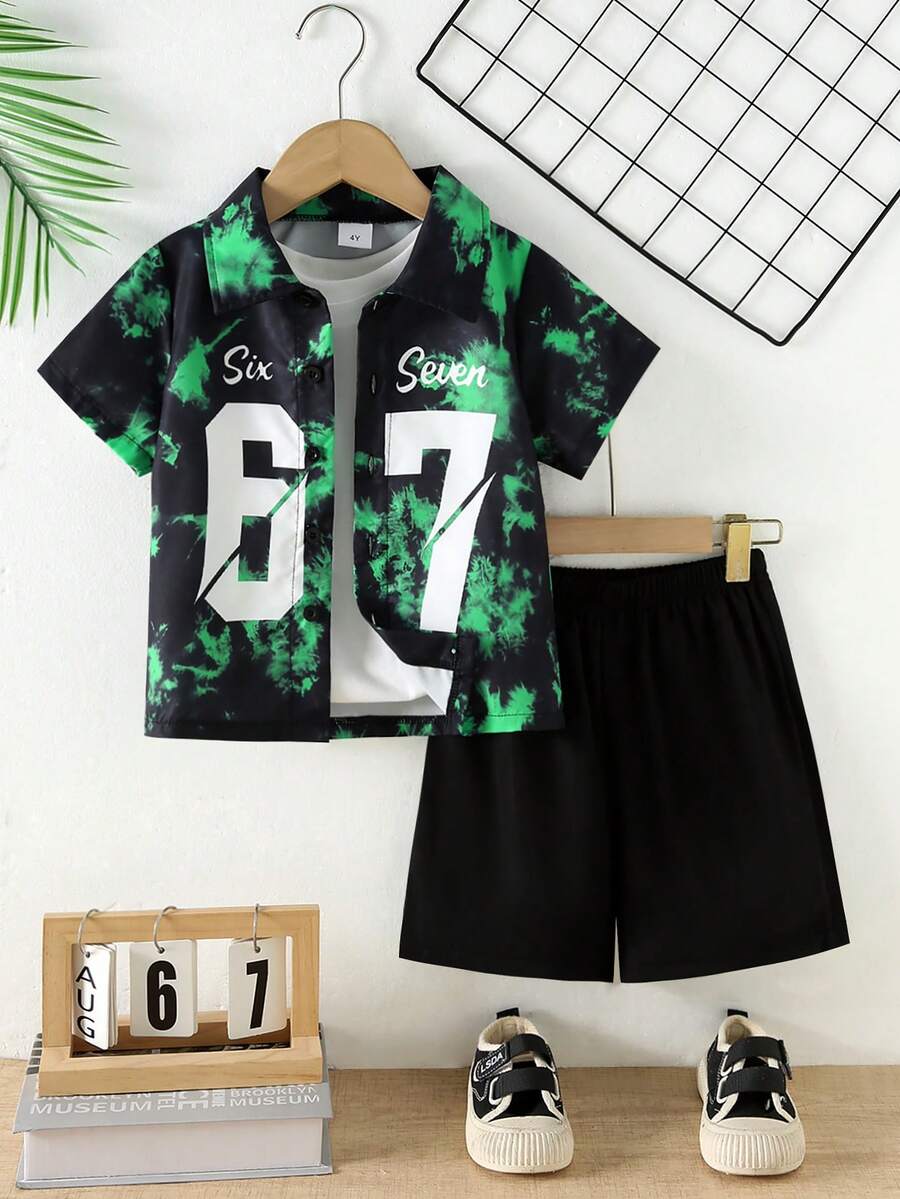 2pcs/Set Boys' Tie-Dye & Graphic Print Short Sleeve Shirt + Solid Color Shorts, Summer - Black - View 1