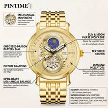1pc Men's Gold/Silver Dragon Engraved, Sun & Moon Position Dial, Hollow Automatic Mechanical Wristwatch, Suitable For Business Formal Occasions And Gift - one-size - View 8