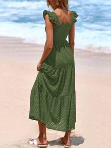 Women's Summer Square Collar Long Dress With Sleeve Cap Hole Eye Ruffles Layered A-Line Casual Vacation Long Skirt With Pockets - 軍綠色 - 查看 2