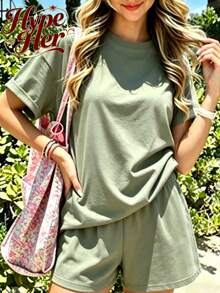 HypeHer 2026 Hot-Selling Style, Women's Short-Sleeve Crew Neck T-Shirt And Drawstring Pocket Shorts Two-Piece Set, Women's TwoPiece Comfortable Outfit - 軍綠色 - 查看 1