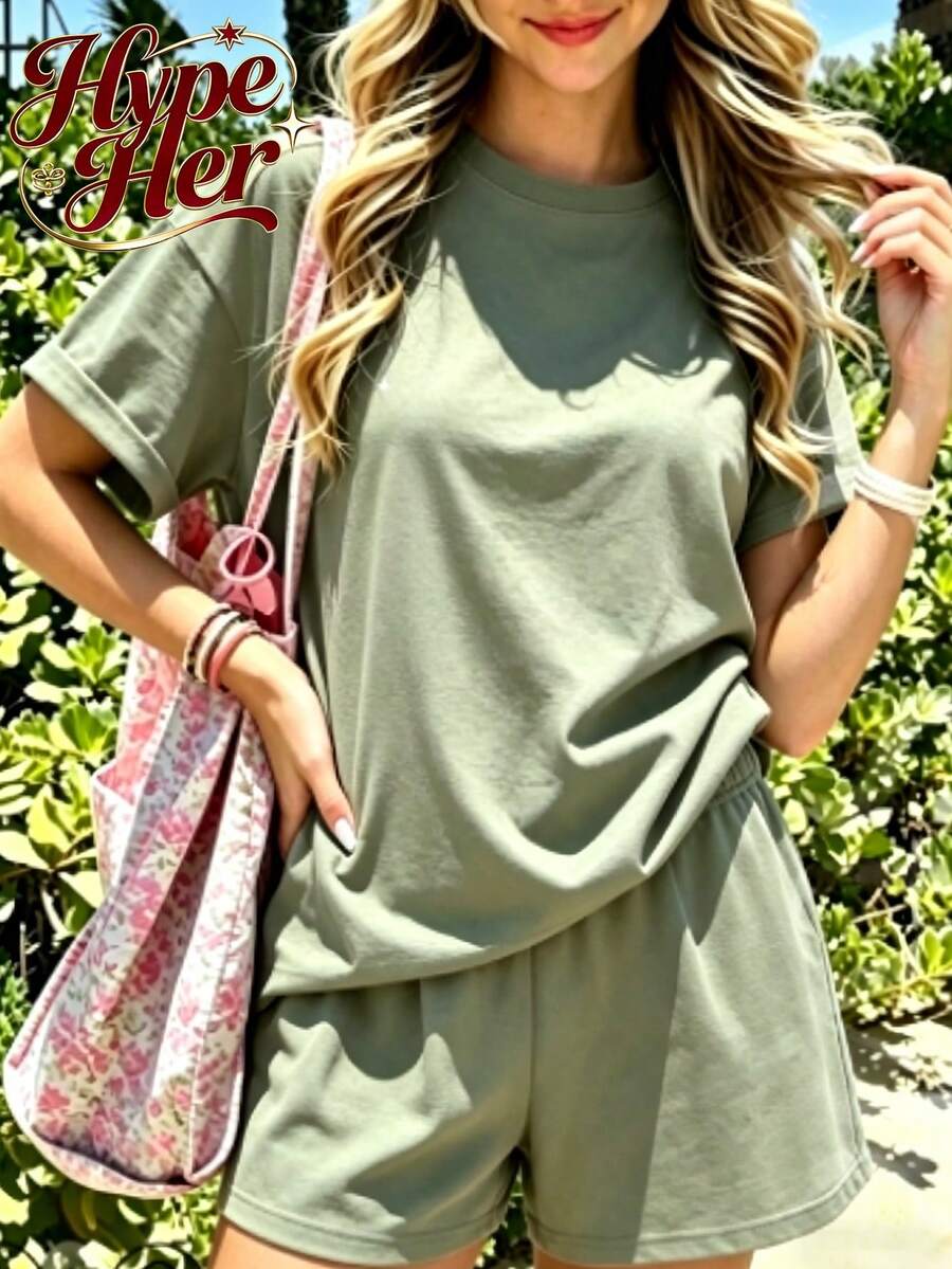 HypeHer 2026 Hot-Selling Style, Women's Short-Sleeve Crew Neck T-Shirt And Drawstring Pocket Shorts Two-Piece Set, Women's TwoPiece Comfortable Outfit - 軍綠色 - 查看 1