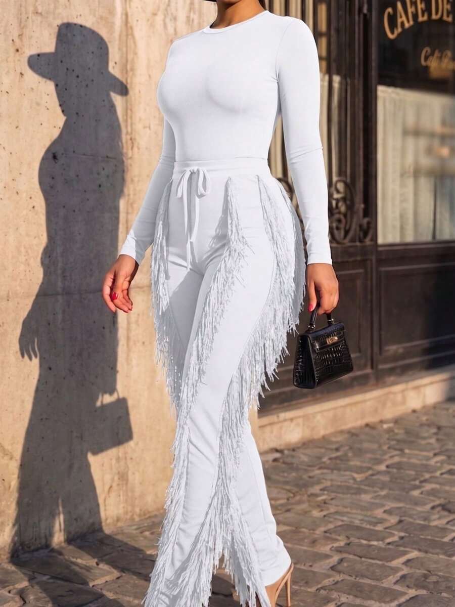 CALEBGAR Women's Sexy Two Piece Outfits Long Sleeve Fringe Pants Set Clubwear Going Out Birthday Party Night Outfits - trắng - Xem 1