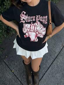 女士黑色宽松印花T恤，复古“Storm Pay”风格哥特字母印花，饰有钱币手和现金堆叠图案，Y2K Baddie街头风夏季休闲纯棉上衣 - 黑色 - 查看 5
