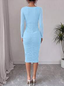 PRETTYGARDEN Women Midi Dresses Fall  Long Sleeve Ruched Bodycon Homecoming Cocktail Wedding Guest Dress New Years  Party Valentine  Vacation Outfits Spring Dresses For Women Vestidos Elegantes De Mujer - 淺藍色 - 查看 2