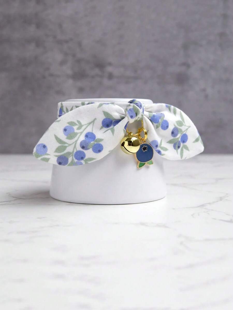 1 pieza Collar de gato con lazo y estampado de frutas de arándanos, collar ajustable para mascotas con campana adecuado para perros y gatos pequeños - Azul - Ver 1