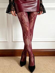 1 Pair Women's Sexy Rose Fishnet Stockings, Floral Tight Leggings, High Elasticity Slimming Shaping Tights, Suitable For Spring/Autumn Daily Wear, Office, Nightclub Party - Burgundy - View 5