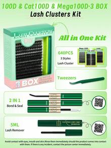 Lashsun Kit de 640 piezas de racimos de pestañas D Curl Cat/Mega/Volume, 3 cajas de pestañas en un kit, kit con pegamento y removedor, pinzas para principiantes y expertos, DIY en casa fácilmente, pestañas de racimo suaves y cómodas fáciles de aplicar para maquillaje de uso diario - Negro - Ver 2