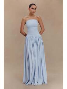 Women's Strapless Maxi Dress Smocked Tube Top Flowy Elegant Summer Beach Dress - 淺藍色 - 查看 9