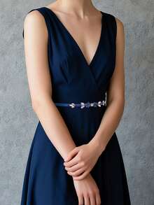 1pc Navy Blue Rhinestone Bridal Belt, Leaf Crystal Applique Thin Waist Sash For Wedding Party Dress - Navy Blue - View 6
