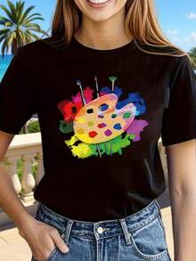 Camiseta de manga corta con cuello redondo para mujer, con estampado de bandeja. - Negro - Ver 8