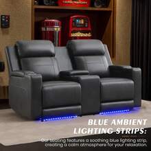 Sofá reclinable eléctrico con reposacabezas ajustable/luz LED, asientos de cine en casa con almacenamiento en el reposabrazos/toma de corriente/cuero transpirable, sofá reclinable eléctrico para sala de estar (gris, sofá de dos plazas + sofá) - Gris y negro - Ver 5