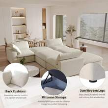 Sofá Modular Cloud con Otomana de Almacenamiento, Sofá en Forma de L de 120.45" para Sala de Estar, Sofá Convertible Relleno de Plumón con Asiento Profundo para Oficina o Apartamento, Fundas Lavables y Reemplazables, Color Caqui - Caqui - Ver 5