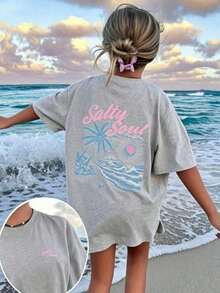 2026 Tropical Vacation Outfits2026 New Arrival Women's High Quality Salty Soul Graphic T-Shirt, Premium Cotton Vintage Washed Oversized Tee With Palm Tree & Beach Print, Casual Short Sleeve Top Perfect For Spring & Autumn, Spring Break, Back To School And Seaside Vacation GetawaysLoose And Comfortablegoing Out Outfits - 灰色 - 查看 2