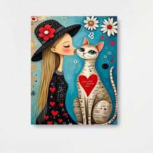 Superficie plana 2D, 1 pieza, "La chica imaginativa y el gato" envuelto en lienzo con impresión de alta calidad dentro de un marco de madera. Adecuado para decoración del hogar en sala de estar, dormitorio, cocina, oficina, pasillo. Se puede colgar directamente. Regalo ideal para amigos y familiares, Día del Padre, Día de la Madre, Halloween, Navidad, boda. - Enmarcado - Ver 1