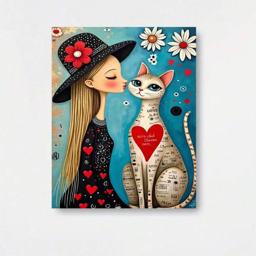 Superficie plana 2D, 1 pieza, "La chica imaginativa y el gato" envuelto en lienzo con impresión de alta calidad dentro de un marco de madera. Adecuado para decoración del hogar en sala de estar, dormitorio, cocina, oficina, pasillo. Se puede colgar directamente. Regalo ideal para amigos y familiares, Día del Padre, Día de la Madre, Halloween, Navidad, boda. - Enmarcado - Ver 1