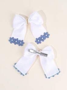 2 piezas Pinzas para el cabello con lazo floral azul, Pinzas para el cabello con flor blanca, Pinzas para el cabello de boda elegantes con cinta, Pasadores para el cabello con perlas brillantes, Accesorios para el cabello de verano dulces para niñas, regalos para maestros, uso diario - Multicolor - Ver 4