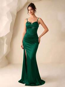 Đầm maxi dáng đuôi cá xẻ cao, dây mảnh đính sequin satin, kiểu dáng sang trọng, thích hợp cho các bữa tiệc, tôn dáng và thanh lịch. - màu xanh lá - Xem 2