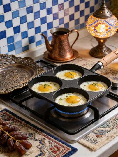 1Set 4-Port Multi-Grid Frying Pan, Matte Light Color Series Middle Eastern Ramadan Limited Style, Independent Partition 4-Hole Design, Anti-Scald Non-Slip Handle, Aluminum Alloy Non-Stick Coating, Oil Resistant Easy Clean Quick Cooking Pan, Cast Iron Flat Pan Optional, Suitable For Breakfast, Egg, Burger, Dumpling, Home Kitchen, Multi-Capacity Air Fryer & Ramadan Dining Scenes