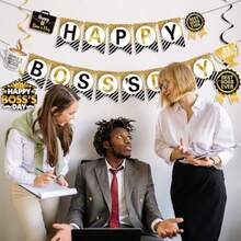 JKQ Happy Boss's Day Banner International Boss Day Paper Bunting Banner Boss's Day Best Boss Ever #1 Boss Party Banner for Office Wall Mantel Fireplace Party Hanging Decorations Supplies - negro y dorado - Ver 7