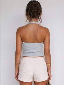 Women's Ribbed Halter Neck Crop Tank Top, Slim Fit Sleeveless Bodycon Casual Tops - Light Grey - View 2