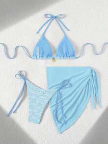 Swim Mod Conjunto de 3 piezas para vacaciones de verano en la playa: Top halter con textura floral y decoración de flores doradas, Bottom de traje de baño con lazos laterales y falda de malla de unicolor - Morado - Ver 10