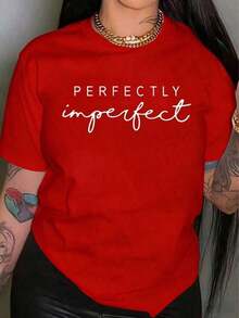 Camisetas de Cuello Redondo con Estampado de Letras Perfectamente Imperfectas para Mujer, Camiseta de Manga Corta de Algodón Casual para Verano, Top Minimalista con Letras en Blanco y Negro, Camiseta Gráfica Suave para Uso Diario y Oficina. - Rojo - Ver 4