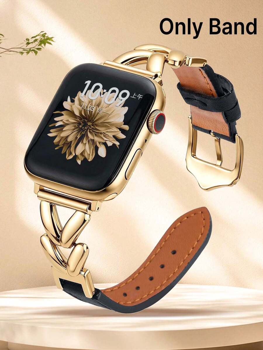 1 dây đeo, da đen dành cho nữ với dây xích kim loại màu vàng, tương thích với Apple Watch 38mm/40mm/41mm/42mm/44mm/45mm, thiết kế thời trang sáng tạo, phù hợp với chu vi cổ tay 155cm-205cm, tương thích với Apple Watch Ultra 3/2/1, SE, S11, S10, S9, S8, S7, S6, S5, S4, S3, S2, S1