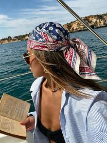 1pc Faux Silk Printed Square Scarf Headband Fashionable Multifunctional Small Scarf Suitable For Daily Use - Red and Blue - View 1
