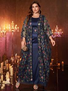 UNITHORSE Plus Size Women's Round Neck Batwing Sleeve Long Sequin Contrast Mesh Embroidered Belt 2-Piece Turkish Robe Dress Vacation - Navy Blue - View 4