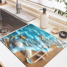 1pc Ocean Pattern Printed Washing Machine Dust Cover, Rubber Soft Bottom, Laundry Room Accessory, Washing Machine Top Protective Pad, Quick Absorbent And Dry, Refrigerator Dust Cover Pad, Coffee Maker Countertop Absorbent Mat, Diatomite Draining Mat, Modern Laundry Room And Kitchen Appliance Washing Machine And Dryer Dust Cover, Home Decor, Kitchen And Dining Room Decor - Multicolor - View 9