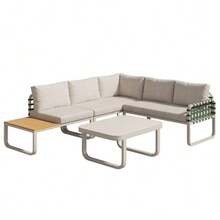 Garden Lounge Set (4-5 Seats), Green Rattan And Leather Garden Furniture Set, Modern Outdoor Sofa Set Including All Seat And Back Cushions, Set For Balcony, Garden And Terrace, Apricot - 杏色 - 查看 10