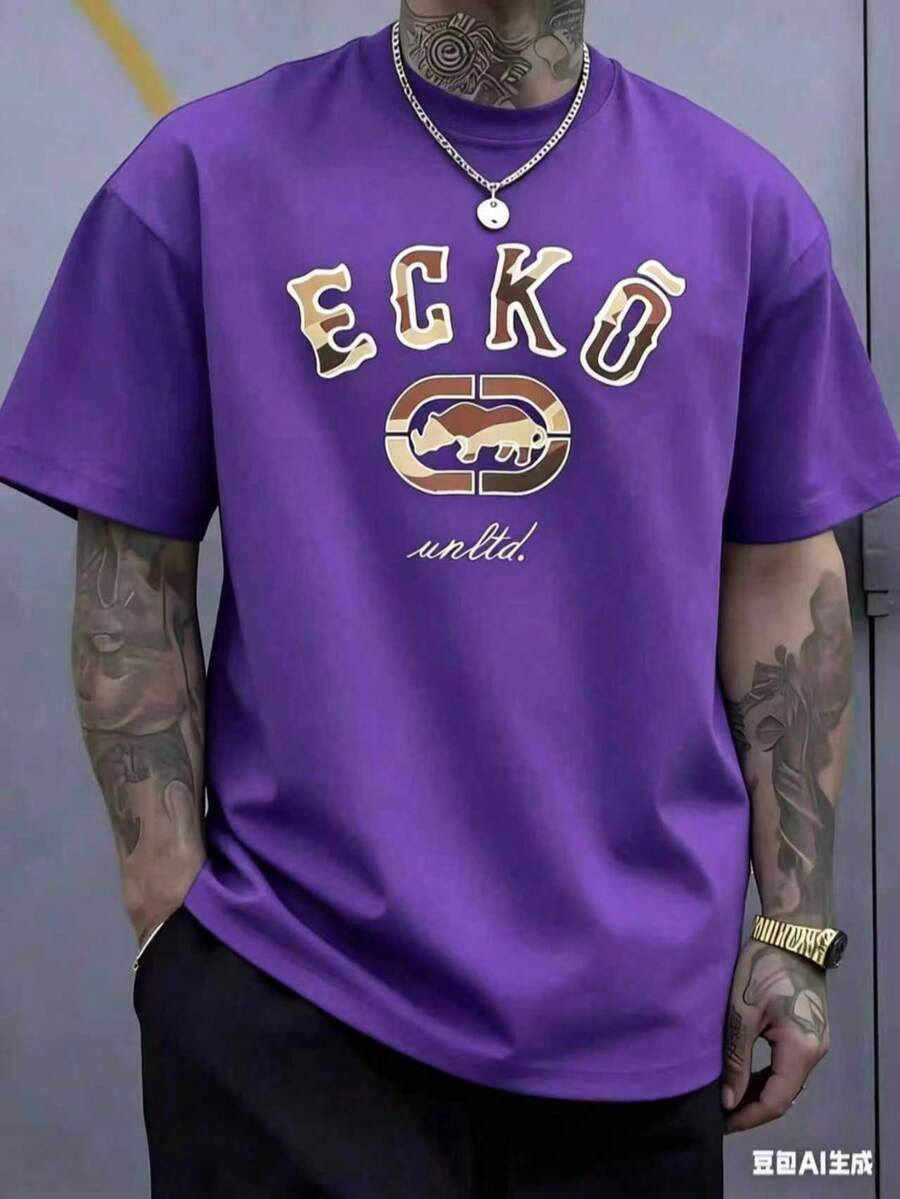 The Iconic ECKO Unltd Graphic Features A Bold Rhino Emblem With Urban Camouflage Lettering Symbolizing Strength Individuality Urban Culture 220g - 紫色 - 查看 1