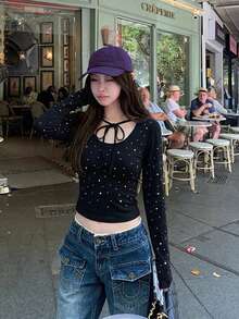 Women's Solid Color Round Neck Long Sleeve Fitted Rhinestone Tie Casual T-Shirt, Spring/Autumn Black - Black - View 3