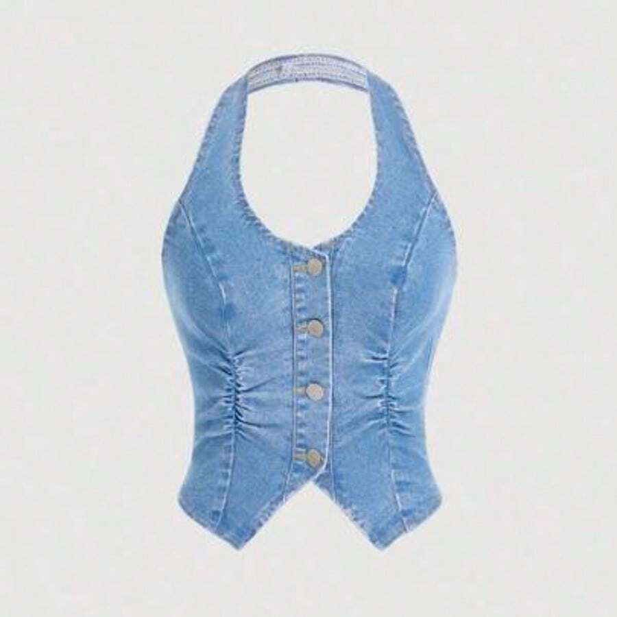 ICON Y2K Style Blue Stretch Cropped Denim Halter Backless Tank Top - Lavado ligero - Ver 1