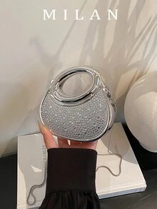 حقيبة مساء معدنية عصرية ذات سعة محددة، حقيبة يد هلالية للحفلات للنساء، حقيبة كتف/متقاطعة متعددة الاستخدامات، حقيبة مصاصة صغيرة - فضي - مشاهدة 2