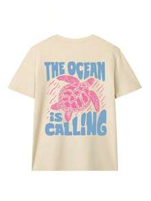 Women's Round Neck T-Shirt With Sea Creature Print And Lettering For Summer Vacation, Graphic Tee, White, Black, Pink Casual - Light Yellow 2 - View 3