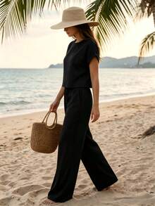 Women'S New Solid Easy Round Neck Short Sleeve Top And High-Waist Straight Leg Pants Casual Set, Suitable For Outdoor And Office Wear, Summer Women'S Clothing.Pants Sets,Casual Two Piece Set,2 Piece Outfits Women. - 黑色 - 查看 3