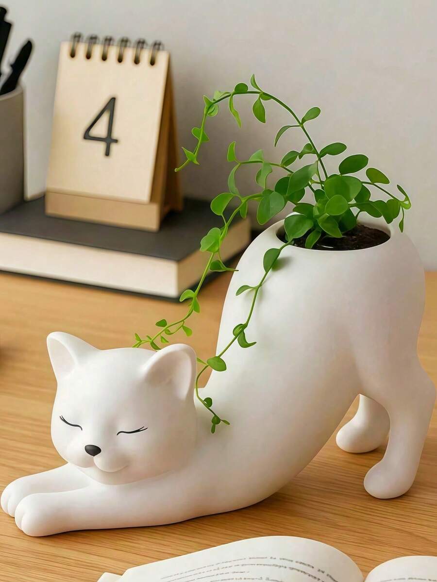 1个白色小巧创意卡通猫形花盆,可作多肉植物盆栽容器、化妆刷架,宠物爱好者礼物,适用于花园、阳台、庭院、卧室、浴室、桌面置物架等,可爱简约风格 - 屁股貓 - 查看 1