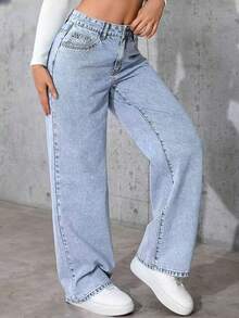 Women's Stretch Waist Wide-Leg Jeans, High-Waisted Tummy-Revealing Straight-Leg Jeans, And Acid-Washed Jeans With Pockets - These Elegant Women's Outfits Are Not Only Comfortable To Wear, But Also Have A Loose Style, Making Them Perfect For Travel, Work Or Daily Office Occasions. - 淺藍色 01 - 查看 2