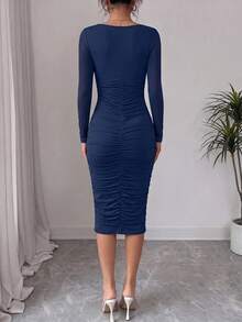 PRETTYGARDEN Women Midi Dresses Fall  Long Sleeve Ruched Bodycon Homecoming Cocktail Wedding Guest Dress New Years  Party Valentine  Vacation Outfits Spring Dresses For Women Vestidos Elegantes De Mujer - 海軍藍色 - 查看 2